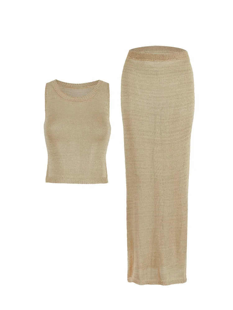 Women Sexy Knit See-through Shiny Top Half Long Skirt Set 2025 Summer Beachwear Swimsuit Cover Up 2 Piece Party Club Outfit K68 Luxlife Brands