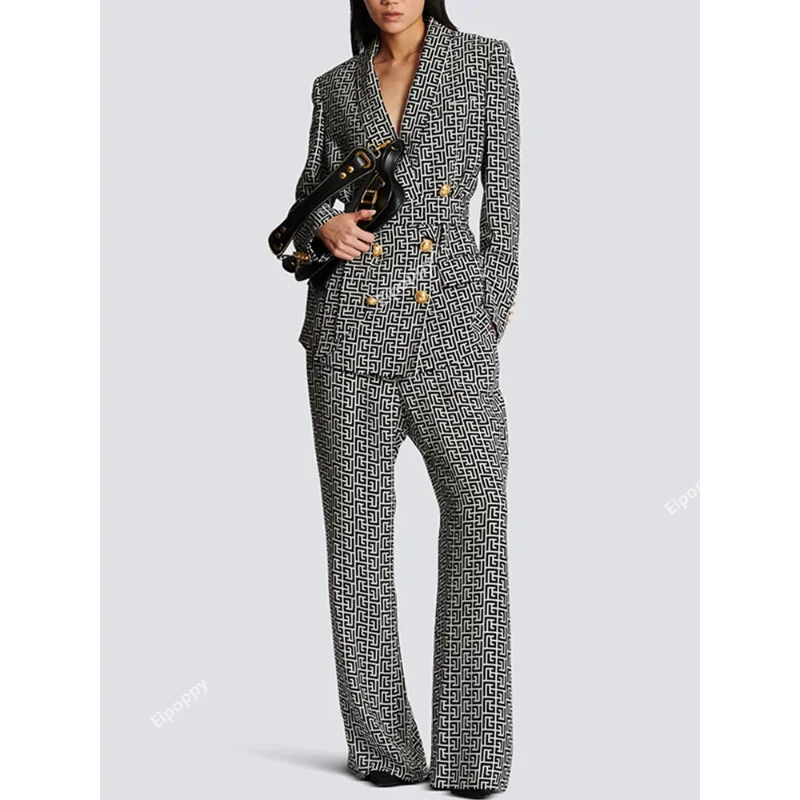 Print Pant Suits Women New Double Breasted Mid Length Business Wear Suit Coat Jacket Straight Leg Pants Outfits