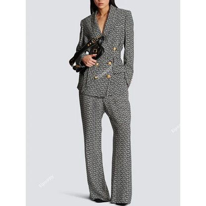 Print Pant Suits Women New Double Breasted Mid Length Business Wear Suit Coat Jacket Straight Leg Pants Outfits