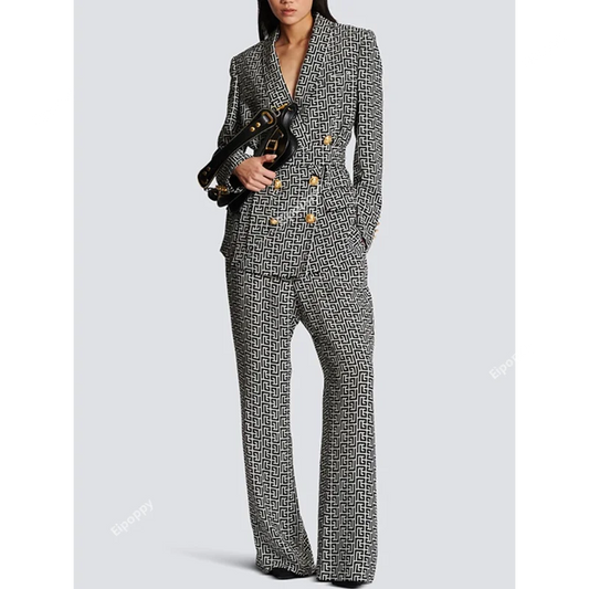 Print Pant Suits Women New Double Breasted Mid Length Business Wear Suit Coat Jacket Straight Leg Pants Outfits