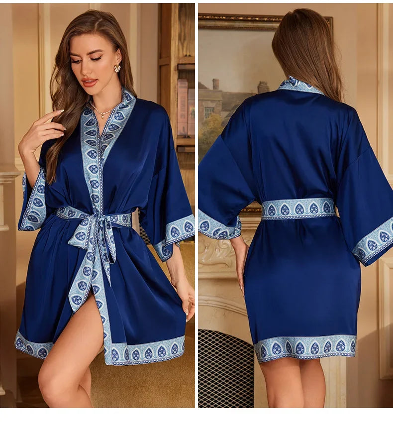 Female Robe Nightgown Summer Satin Sleepwear Loungewear Silky Printing Kimono Bathrobe Gown Yukata Sexy Casual Nightwear