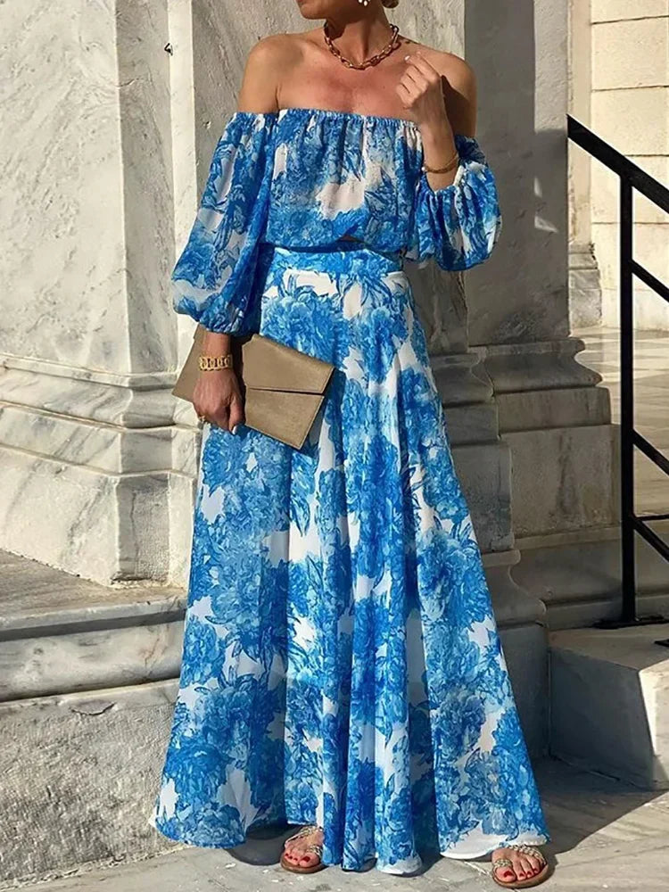 Print Patchwork Slash Neck Maxi Dress, Women Spring Summer Three Quarter Lantern Sleeve Party Dress, Simple Elegant Ladies Dress