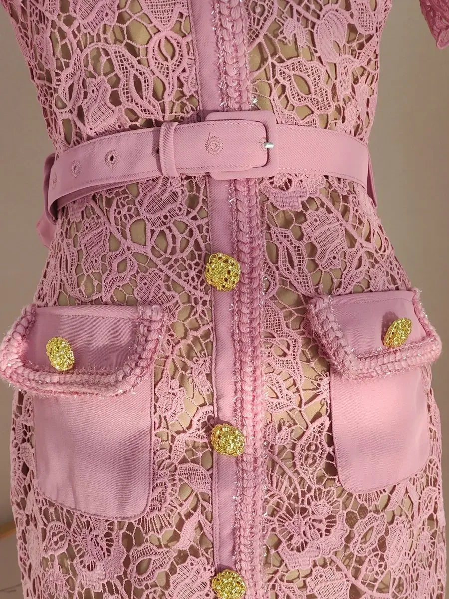 High Quality Pink Lace Dress For Women Summer Vintage Square collar Buckles Slim Mid Dress Hollow out Robes Female Party Vestido