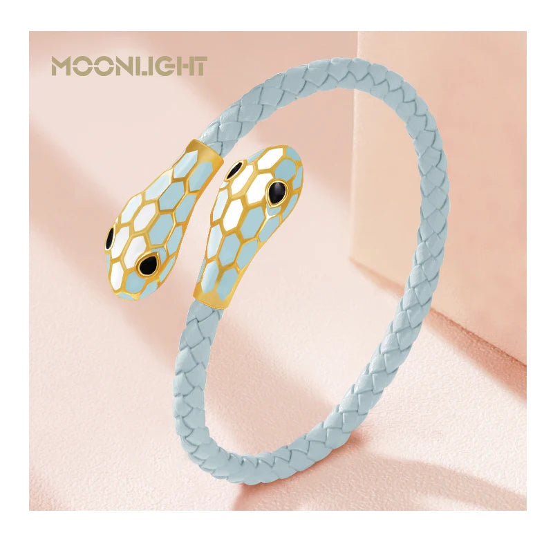 Double Snake Head Cuff Bangles Braided Leather