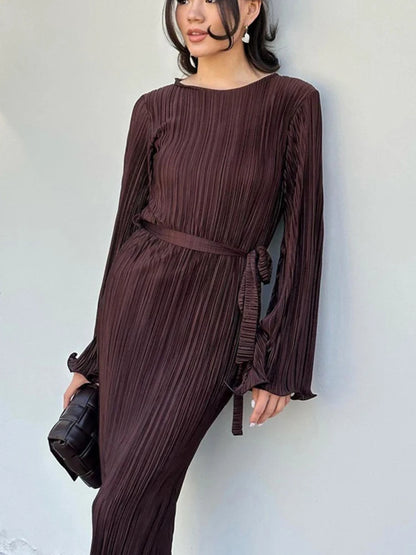 Aynaray 2023 Autumn Winter Women Solid Midi Pleated Dress Long Sleeve Elegant Slim Fit Bodycon Pencil Dress For Women