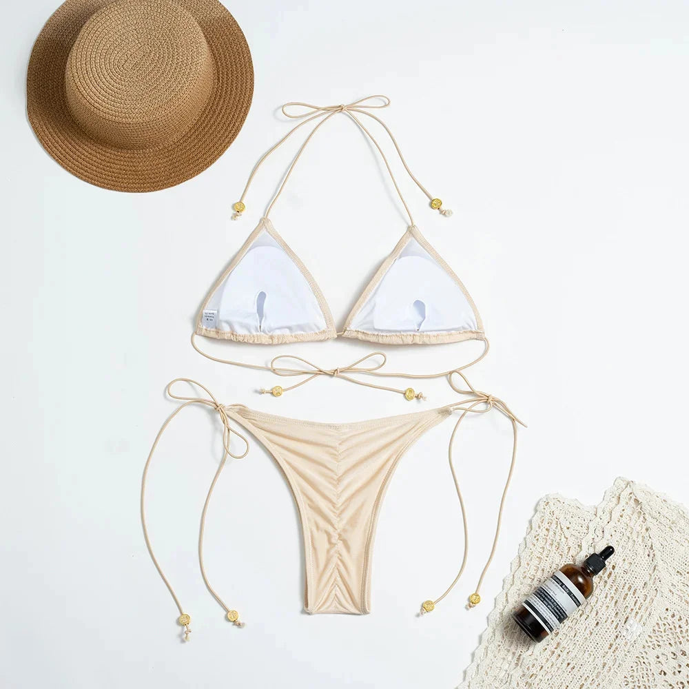 2025 Swimsuits Solid Color Bikini Set Bandage Swimwear Triangle Bathwear New Bathsuit Sexy Bikinis Women's Two Piece Suit Luxlife Brands