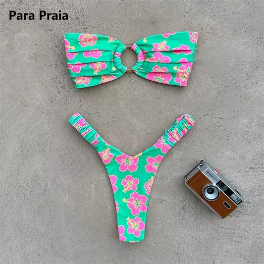 Para Praia Print Bandeau Swimsuit 2023 Sexy Thong Swimwear Women Brazilian Bikini Set Strapless Biquini Beachwear Bathing Suit LUXLIFE BRANDS
