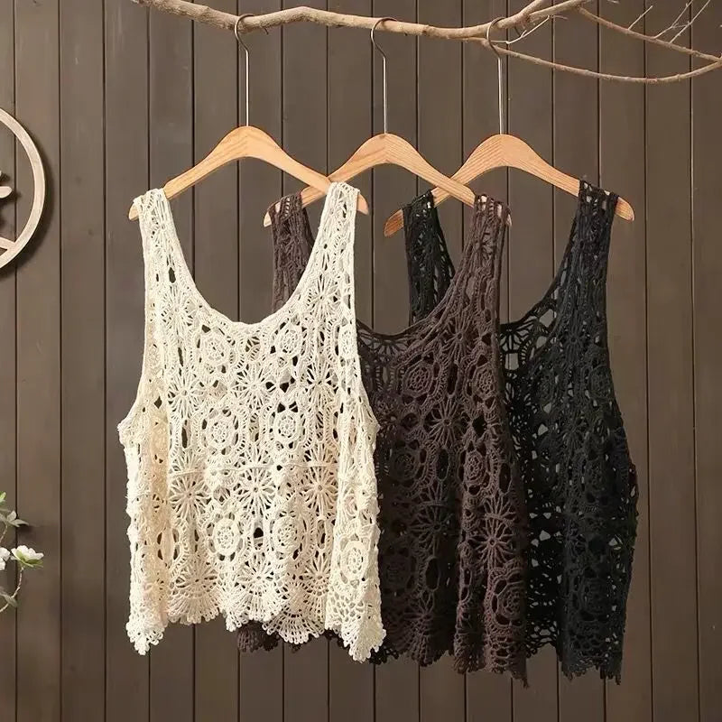 2024 Women Beach Crochet Daily Hollow Out Knit Loose-fitting Round Collar Spaghetti Strap Crop Top Scalloped Loose Vest L45