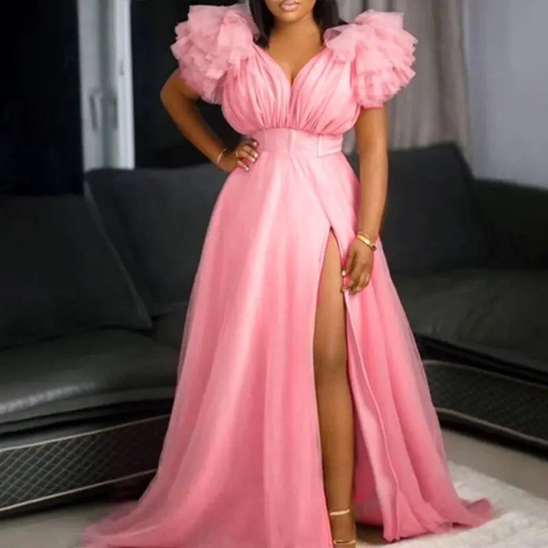 luxury Women Long Dress 2023 New Pink Tulle Deep V-neck Big Puff Sleeve Gowns for Birthday Party Evening Formal Occasion Dresses