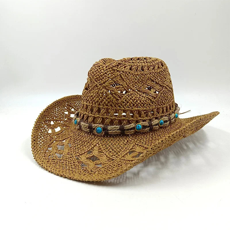 Hand-woven hollow denim straw hat men's and women's summer sunscreen hat western cowboy straw hat sombrero mujer sombrero hombre