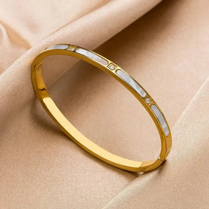 Luxury Natural Shell With Zircon Bangle Bracelets Stainless Steel for Woman's Jewelry Rose Gold Color Wristband Bangles Gift