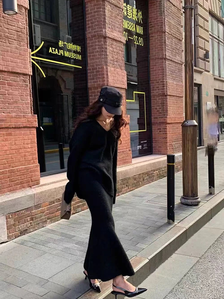 Knitted Sweater Skirts 2 Piece Set for Women Winter Vintage V Neck Loose Warm Pullover Korean Korean High Waist Midi Skirts Set