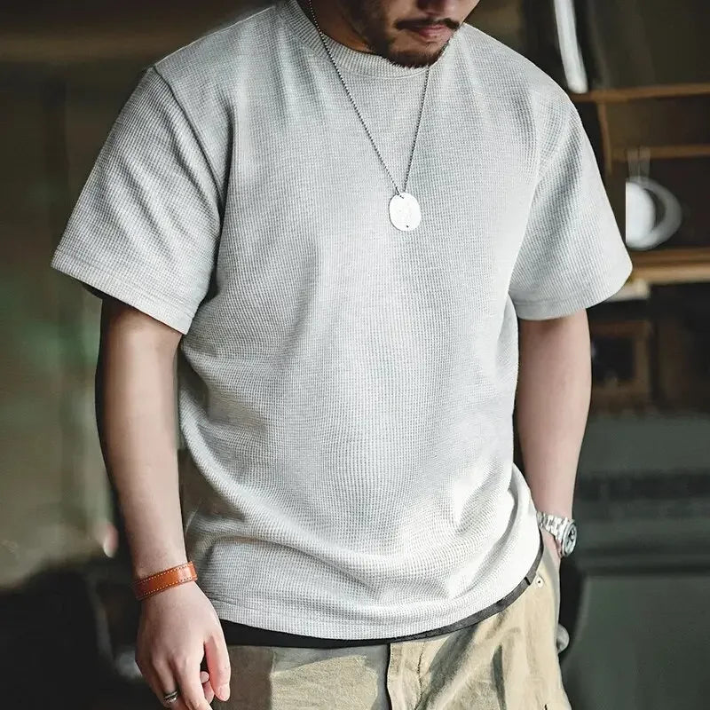 Maden Retro Round Neck Knit Waffle T-shirts for Men Loose Oversize Casual Short Sleeve Tee 2023 Summer Basic Solid Workwear Tops - LUXLIFE BRANDS