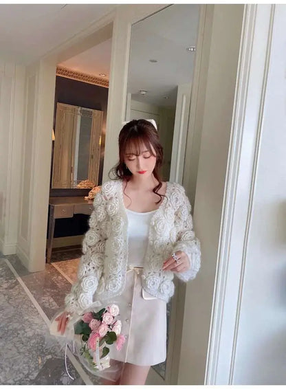 2022 Autumn and Winter New Mohair Sweater Coat Women's Handmade Three-Dimensional Rose Flower Heavy-Duty Knitted Cardigan