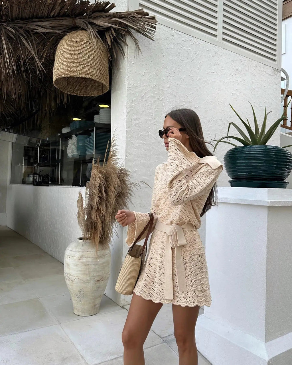 Sexy Shirt V-neck Bell Sleeve Hollow Out Knitted Belted Beach Mini Dress 2025 Summer Swimsuit Cover Up Women's Casual Outfit K16 Luxlife Brands