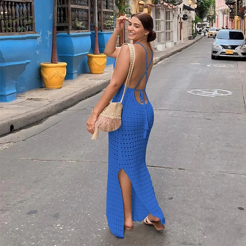 Sexy Knit Cut Out Tassel Spaghetti Strap Bodycon Beach Maxi Dress Summer Women's Holiday Club Party Outfit Swimsuit Cover Up K10 Luxlife Brands