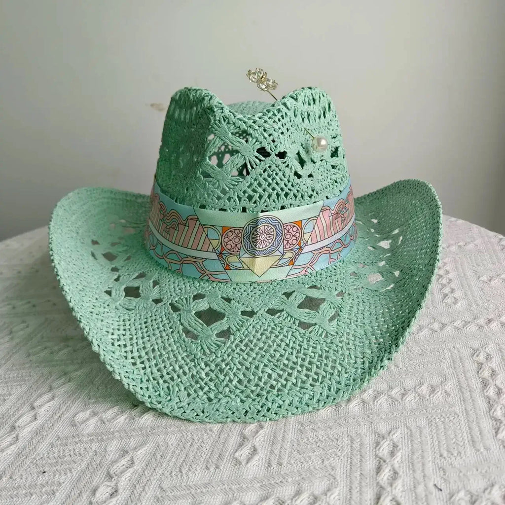 Melesh Western Women's Mint Green Cowboy Hat Straw Cowboy Hat Plasticity Strong Wide Brim Sunshine Beach Western Cowboy Hat