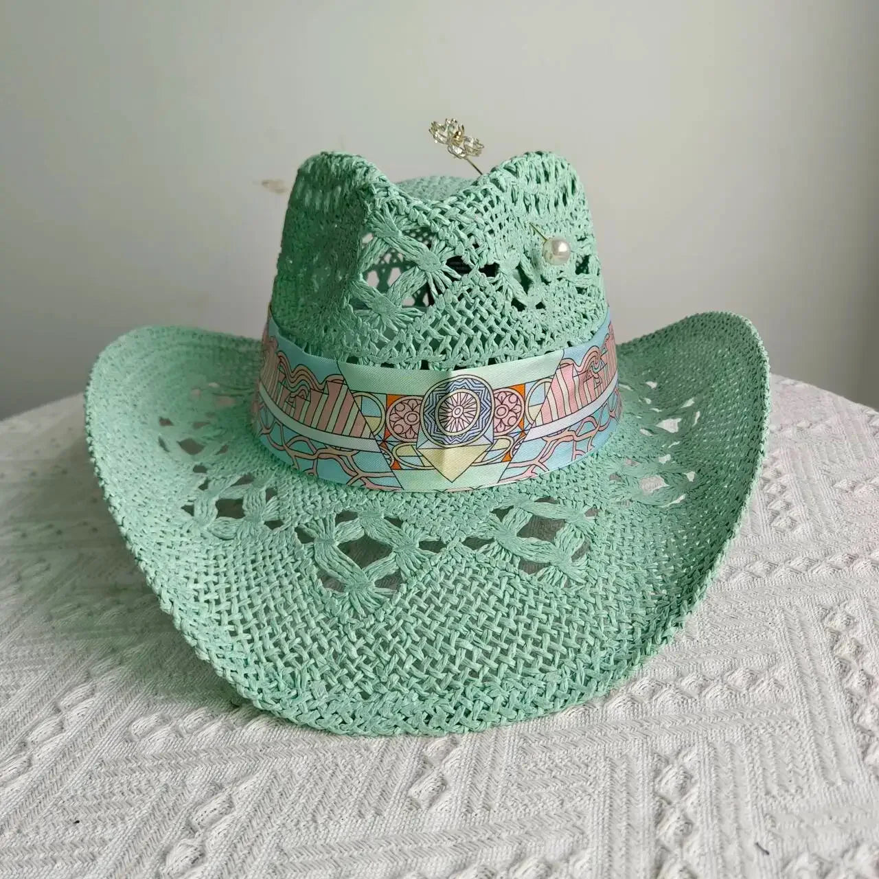 Melesh Western Women's Mint Green Cowboy Hat Straw Cowboy Hat Plasticity Strong Wide Brim Sunshine Beach Western Cowboy Hat