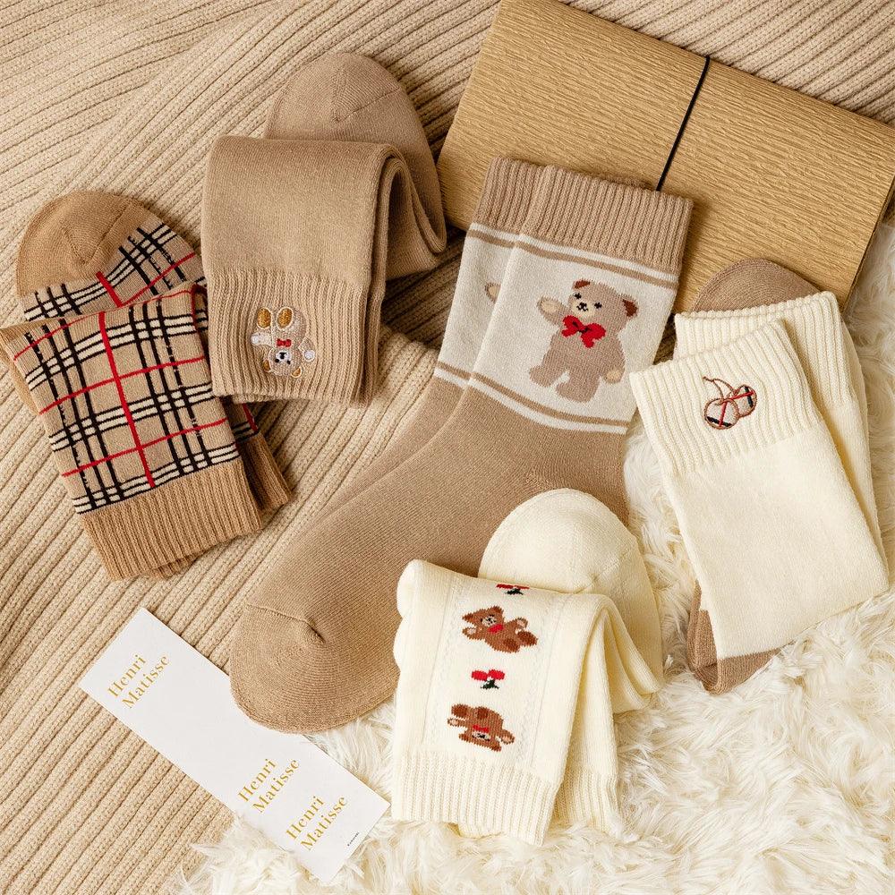 Geometric Lattice Fun Socks Japanese Style Embroidered Happy Fashion Spring Kawaii Harajuku Cotton Long Funny Autumn Female Cute LUXLIFE BRANDS