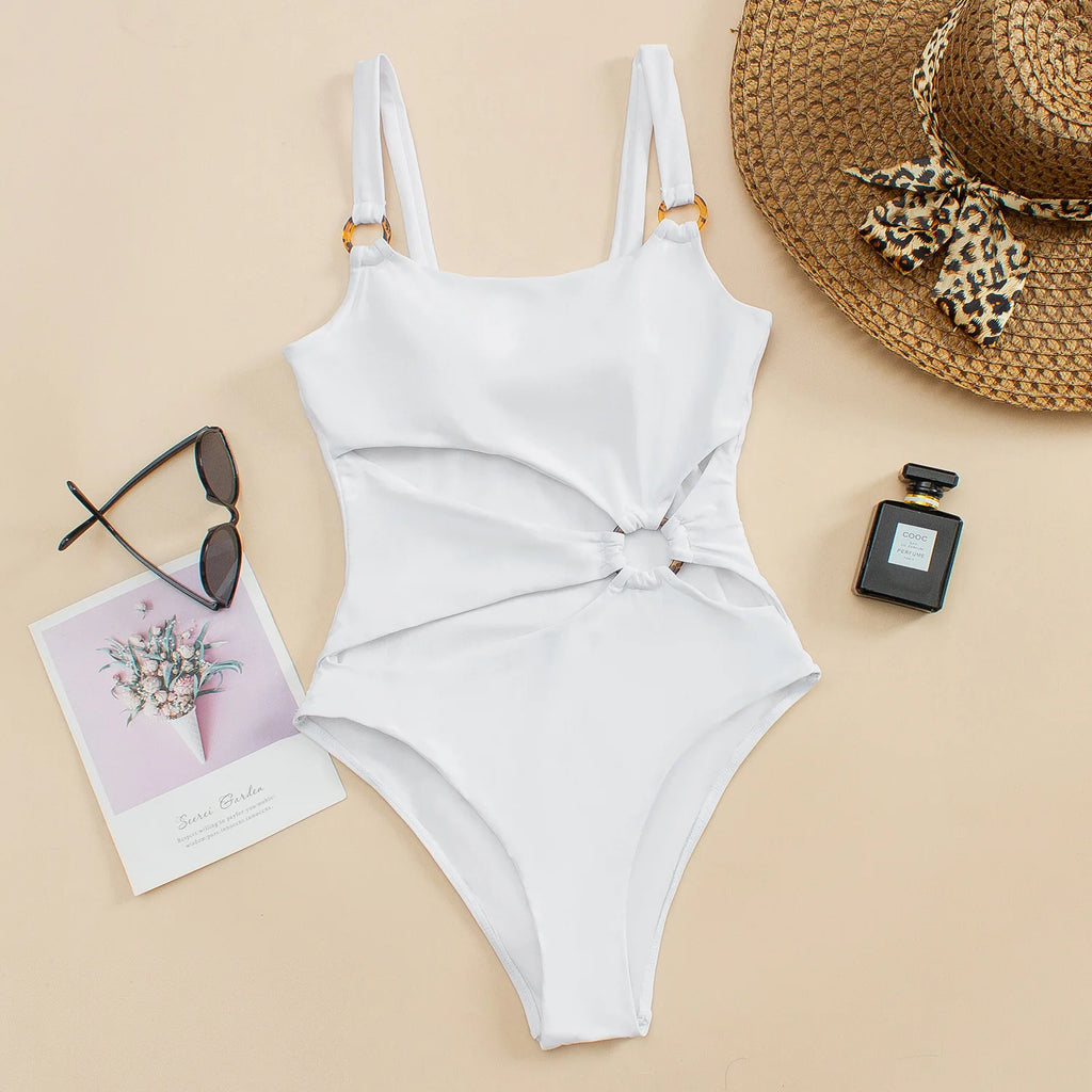 Sexy One piece Solid Color Women Bikini Set with Hollow Suspender Bikini Fashion Backless Swimsuit Low Waisted Bikini Set