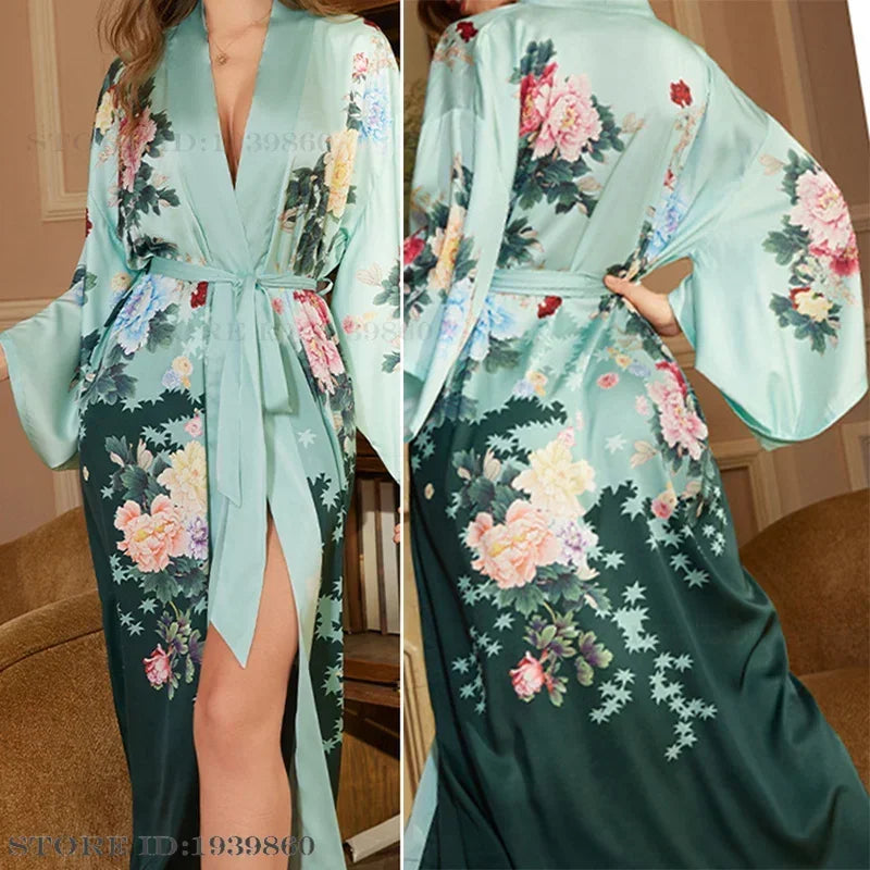 New Long Robe Women's Sleepwear Print Flower Kimono Bathrobe Gown Yukata Loose Silk Satin Nightdress Homewear Intimate Lingerie