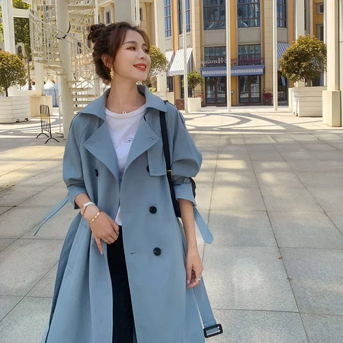 British Style Long Trench Coats Classic Double Breasted Windbreaker Elegant Womens Loose Overcoats Korean Fashion Blue Gabardina LUXLIFE BRANDS