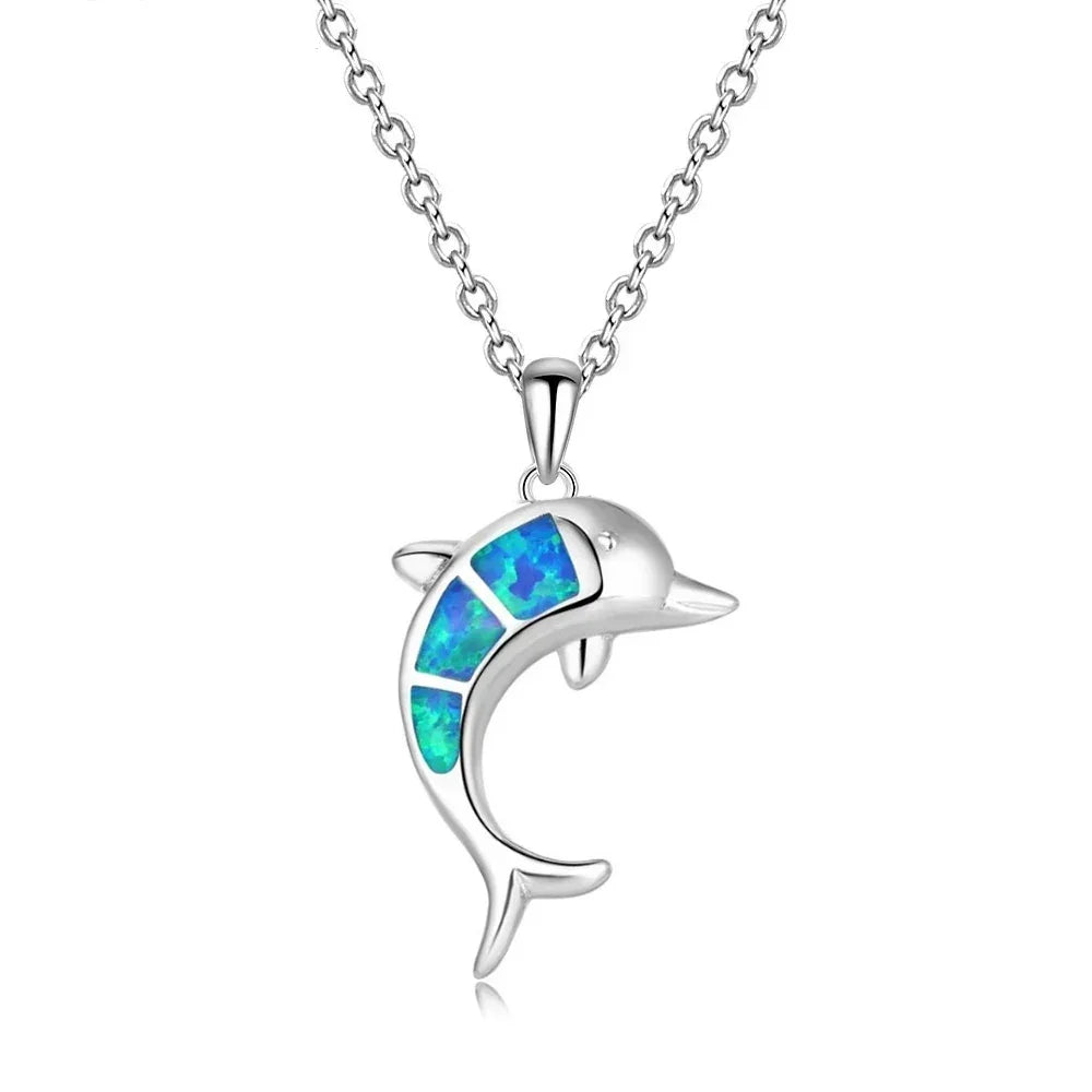 Boho Fashion Sea Animal Dolphin Pendant Necklace for Women Girl Inlay Imitation Blue Opal Necklace Wedding Party Jewelry