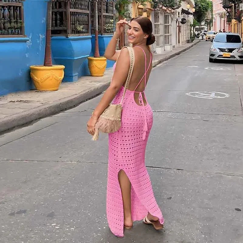 Sexy Knit Cut Out Tassel Spaghetti Strap Bodycon Beach Maxi Dress Summer Women's Holiday Club Party Outfit Swimsuit Cover Up K10 Luxlife Brands