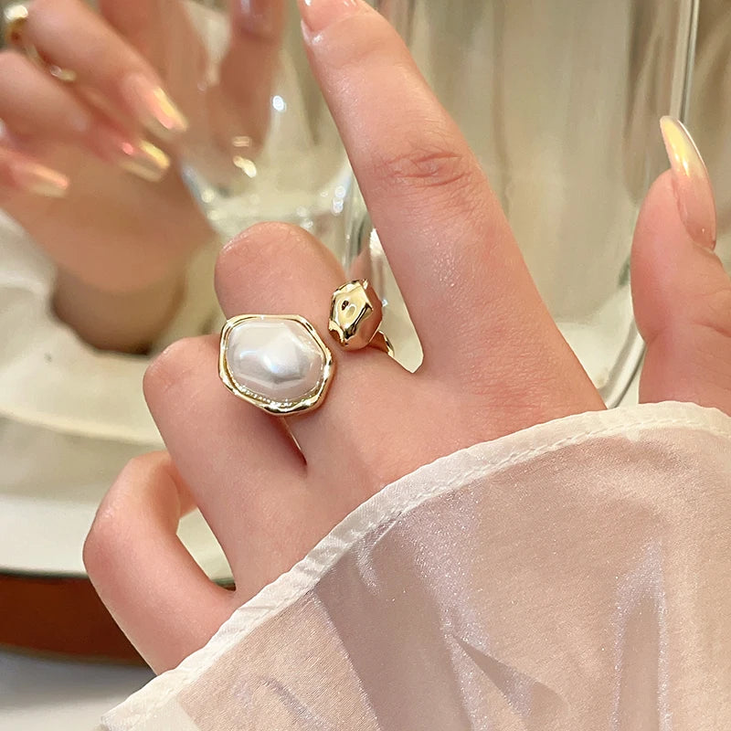 Imitation Baroque Pearl Design Geometric Shape Metal Open Rings 2024 Fashion Jewelry Wedding Party Luxury Accessories for Women