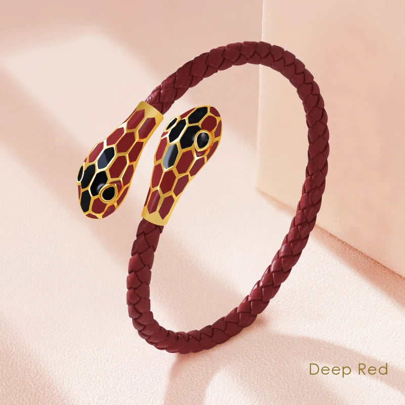 Double Snake Head Cuff Bangles Braided Leather
