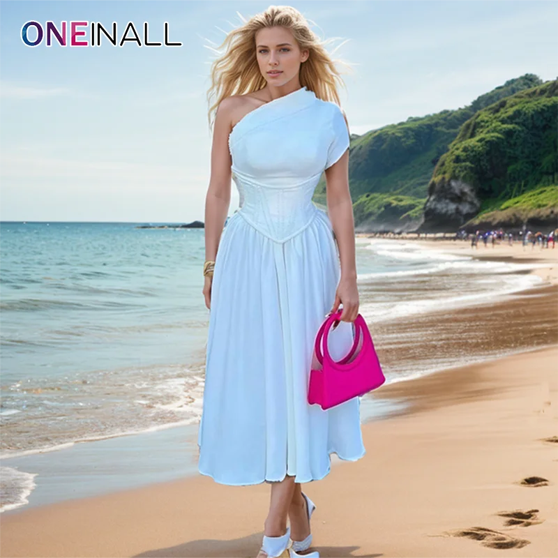 ONENIALL Off One Shoulder Solid Dress ForWomen Diagnal Collar Short Sleeve High Waist Slim Spliced Folds Midi Dresses Female New