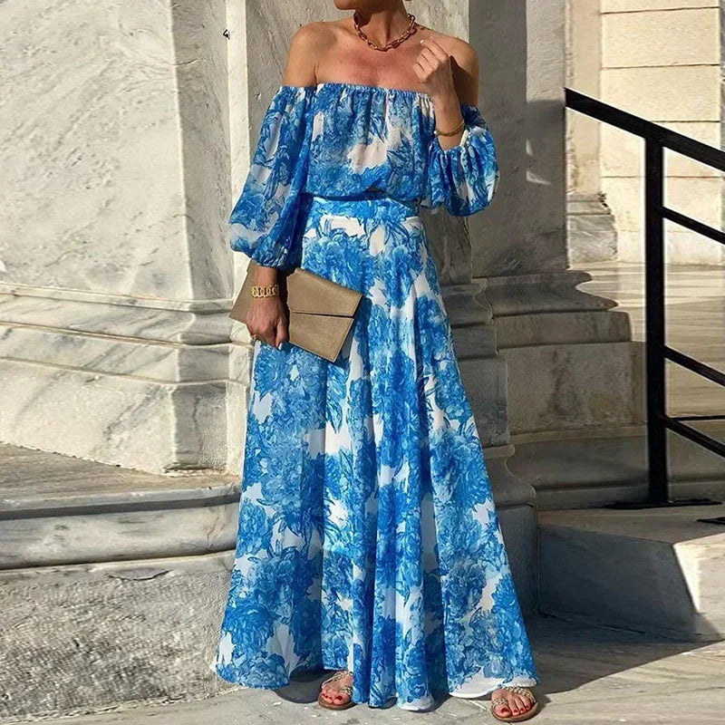 Print Patchwork Slash Neck Maxi Dress, Women Spring Summer Three Quarter Lantern Sleeve Party Dress, Simple Elegant Ladies Dress