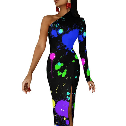Rainbow Neon Paint High Slit Bodycon Dress Female Abstract Splash Kawaii Maxi Dress Autumn One Shoulder Streetwear Print Dresses