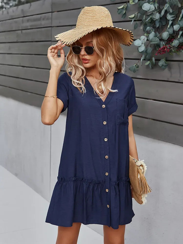 Solid Short Dress Women V Neck Single Breasted Loose A Line Dress For Spring Summer LUXLIFE BRANDS