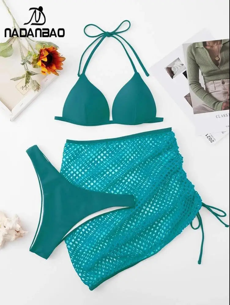 Nadanbao Sexy Mesh Solid Bikini Set Swimsuits for Woman Backless Travel Party Swimwear Female Summer Beach Fashion Bikini Luxlife Brands