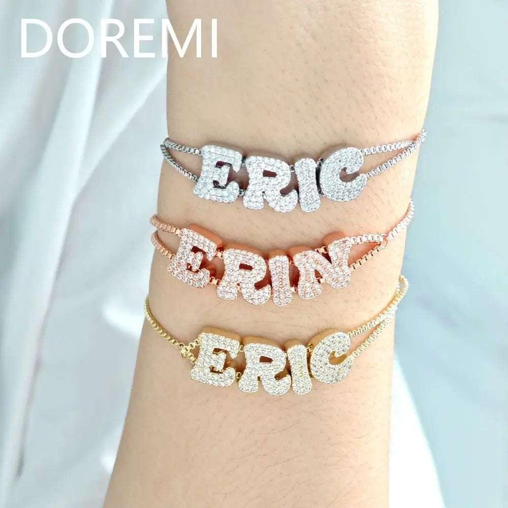 DOREMI Crystal Zircon Name Customized Letter Doubel Chain Mesh Dainty Sliding Slider Letter Personalize Name Bracelets