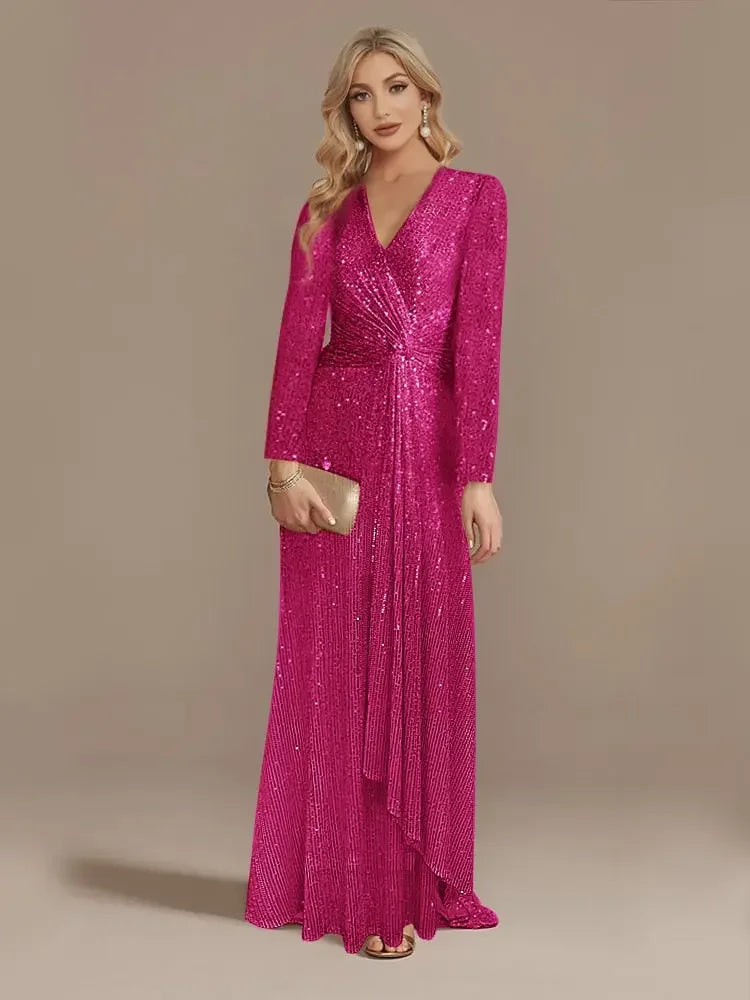 Luxury Long Sleeve V-Neck Formal Evening Dress