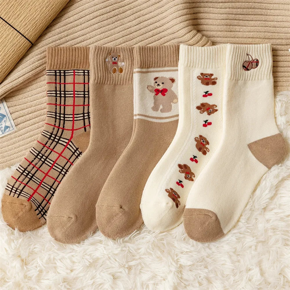 Geometric Lattice Fun Socks Japanese Style Embroidered Happy Fashion Spring Kawaii Harajuku Cotton Long Funny Autumn Female Cute LUXLIFE BRANDS