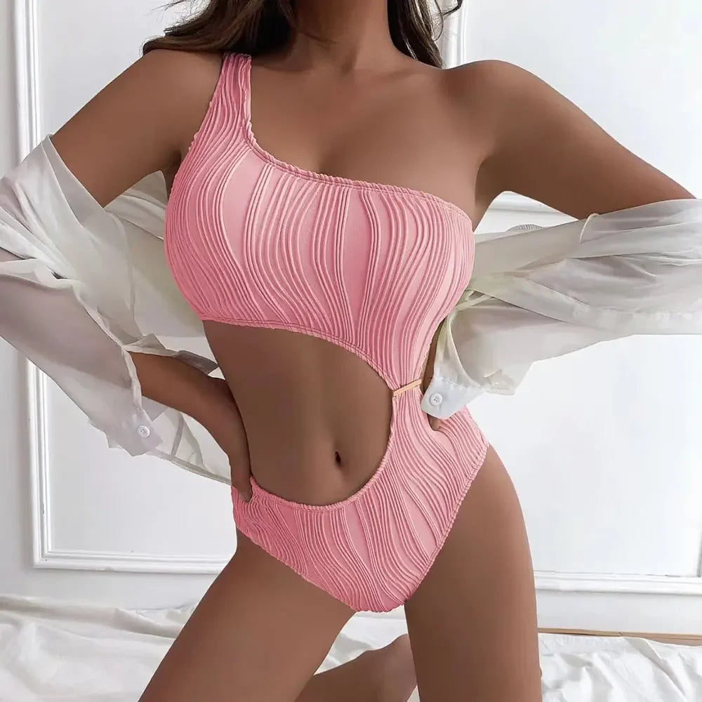 Sexy Rib One Shoulder Swimwear Women One Piece Swimsuit New 2023 High Waist Bathing Suit Cut-out Swimming for Beachwear Monokini