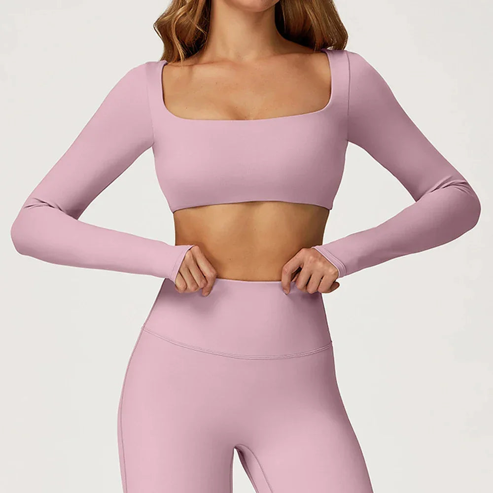 Yoga Shirts Fitness Long Sleeve Women Sport Crop Top Women Square Neck Gym Top Yoga T-Shirt Clothing Casual Quick Dry Sportswear