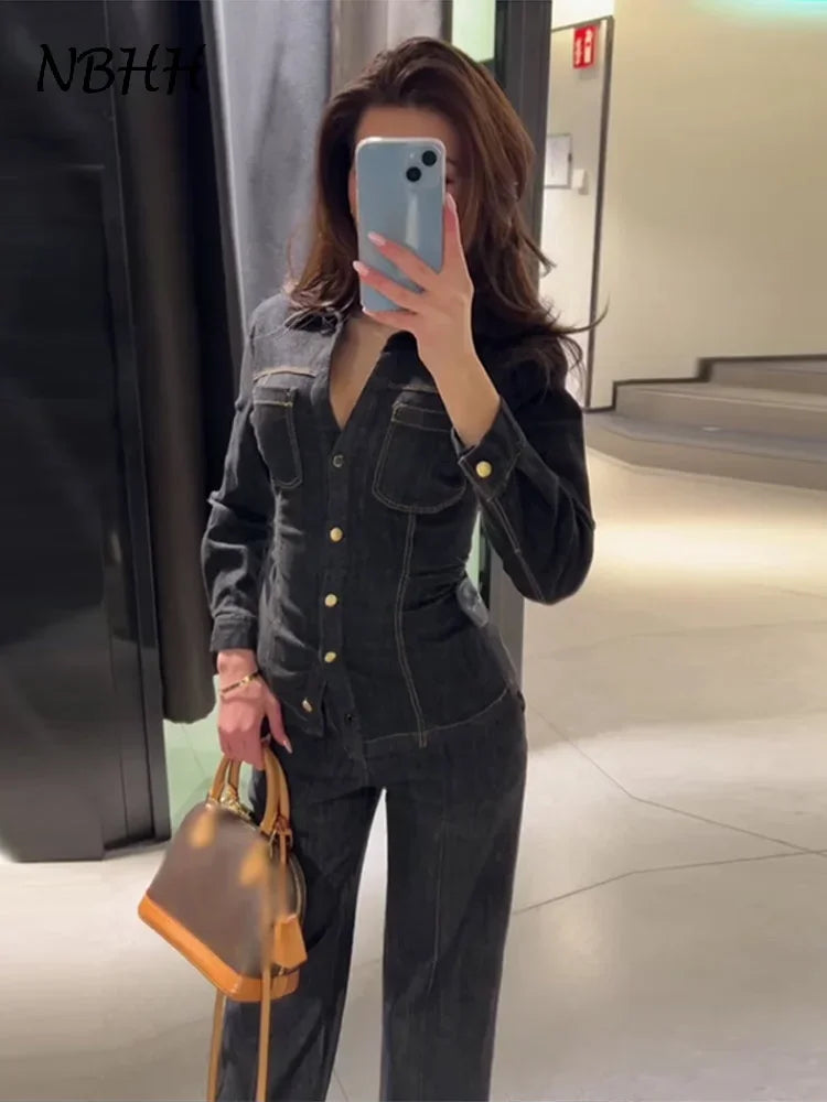 Street Vintage Denim Pants Sets Women Slim Long Sleeve Lapel Single Breasted Jacket Straight Trousers 2025 Spring Lady Outfits