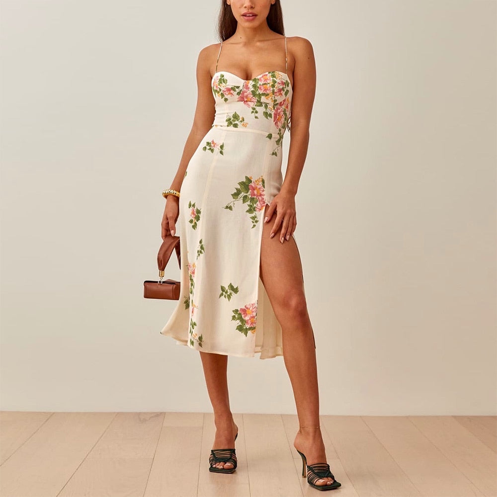 Summer Dresses For Women 2022 Elegant Vintage Floral Print Dress Sweetheart Neck Spaghetti Strap Midi Dress With Slit Sundress