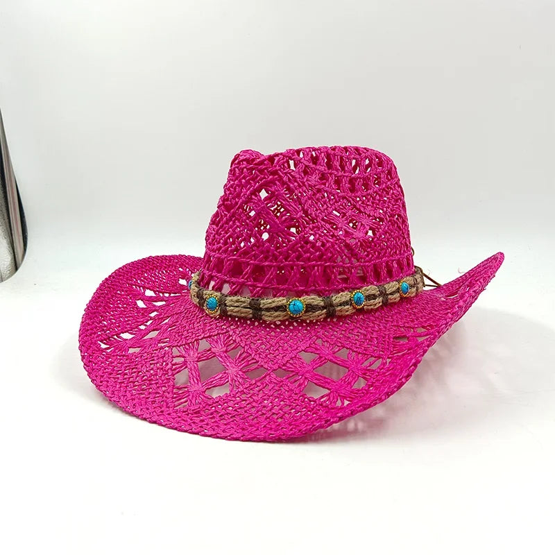 Hand-woven hollow denim straw hat men's and women's summer sunscreen hat western cowboy straw hat sombrero mujer sombrero hombre