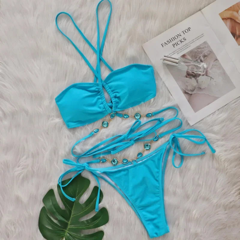 Pink Sexy Bikinis Swimsuit With Rhinestones Women Swimwear Female Push Up Bikini Beach Swim Wear Bathing Suit Pool Bather 2025 Luxlife Brands
