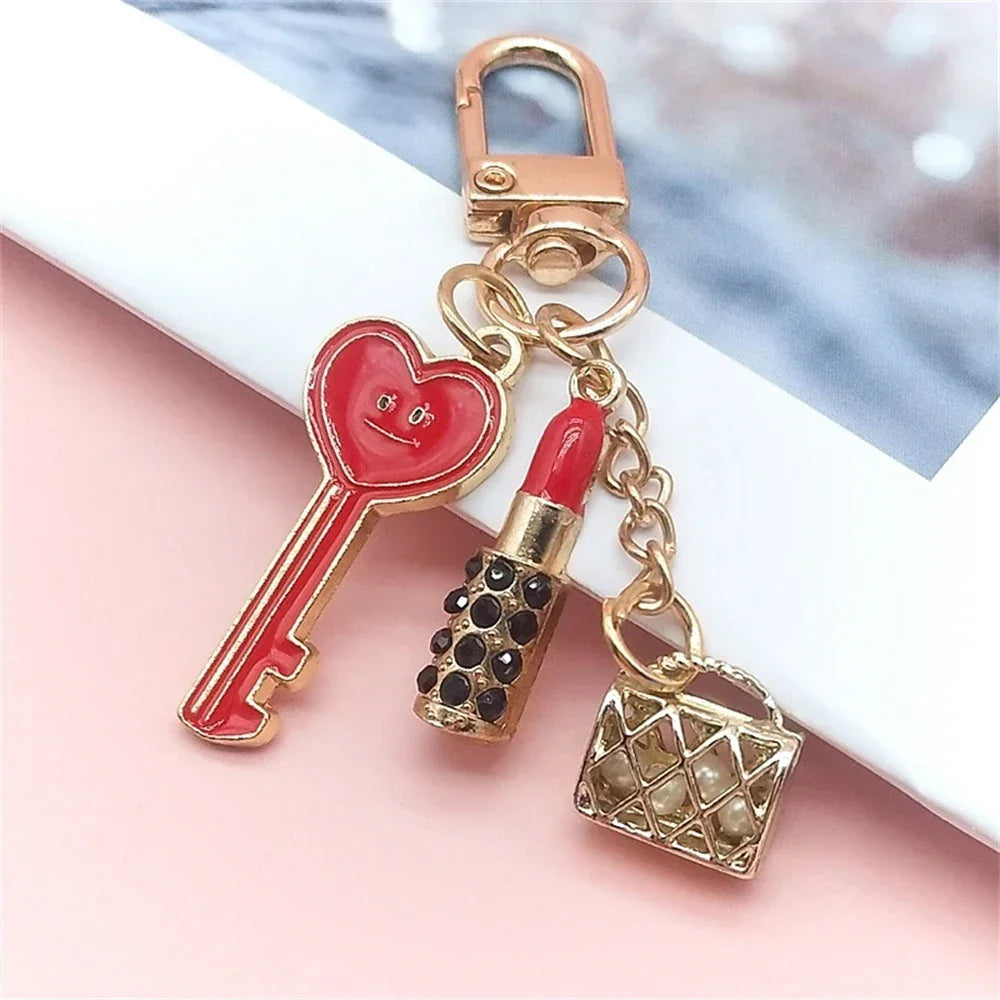 New Lipstick Lips Keychain with Black Rhinestones Key Ring Delicate Metal Pendant Charms for Women Girl Bag Car Accessories LUXLIFE BRANDS