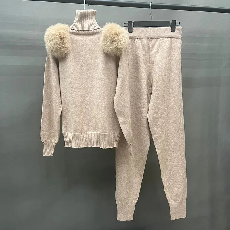 Women's Wool Coat Pants Set Lady Real Fox Fur Collar Sweatshirt Streetwear Knitted Spring Autumn Jogger Sweater S5988