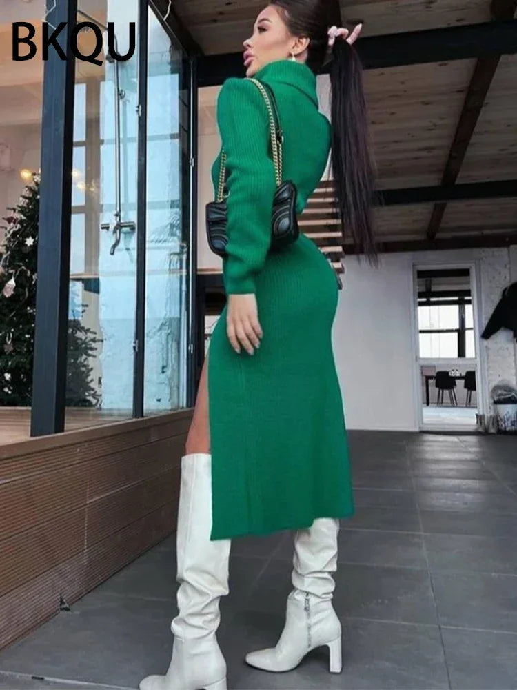 Women's Double Split Ribbed Sweater Midi Dress LUXLIFE BRANDS