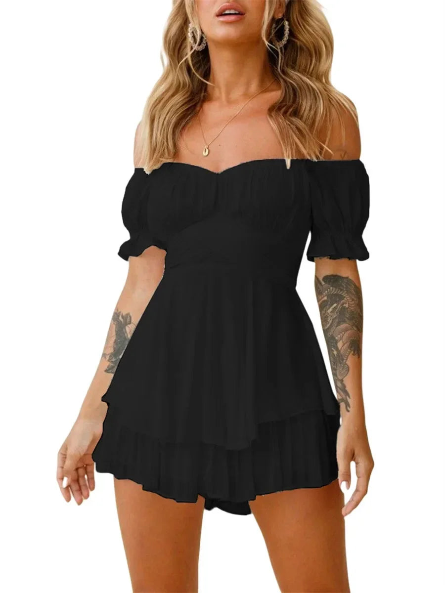 Women s Boho Off Shoulder Romper Double Layer Ruffle Hem Lantern Long Sleeve Waist Tie Back Chiffon Short Jumpsuits