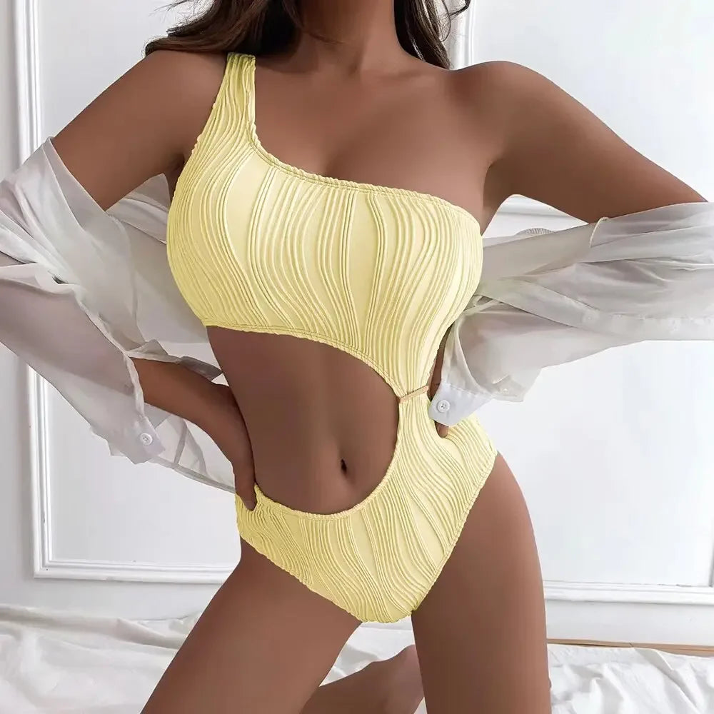 Sexy Rib One Shoulder Swimwear Women One Piece Swimsuit New 2023 High Waist Bathing Suit Cut-out Swimming for Beachwear Monokini