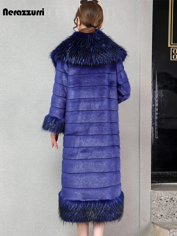 Nerazzurri Winter Long Striped Warm Sapphire Blue Luxury Fluffy Faux Mink Fur Coat with Fox Fur Trim European Overcoat Fashion LUXLIFE BRANDS